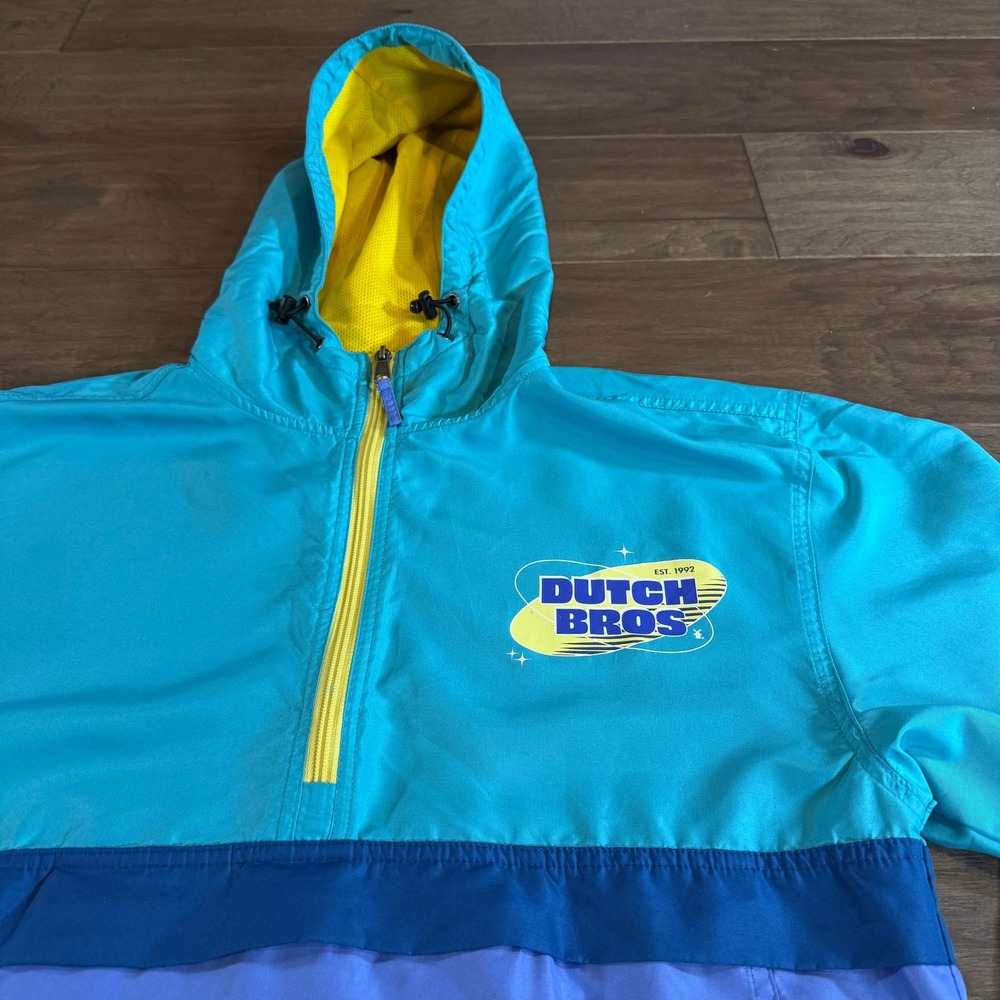 Dutch Bros Coffee Windbreaker Anorak Jacket Teal Blue Colorblock Mens‎ Medium - Picture 2 of 7